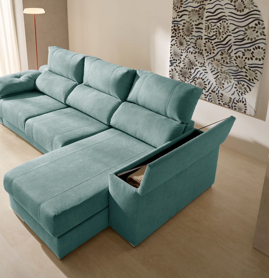 Chaise longue Corsa turquesa con el arcón del chaise longue abierto