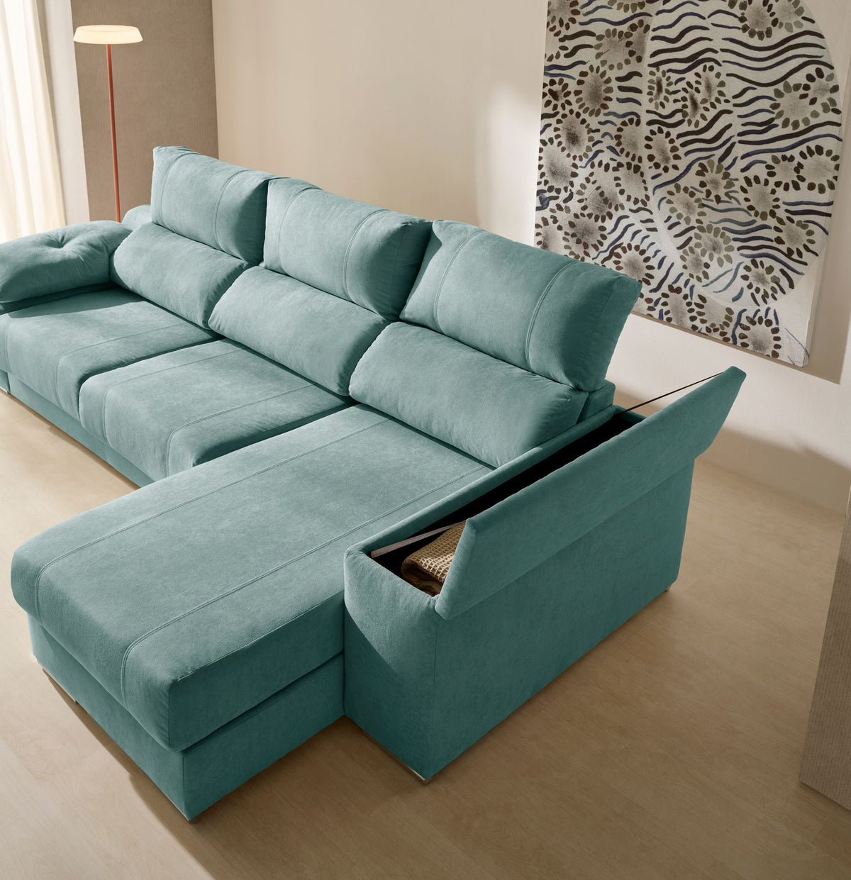 Chaise longue Corsa turquesa con el arcón del chaise longue abierto