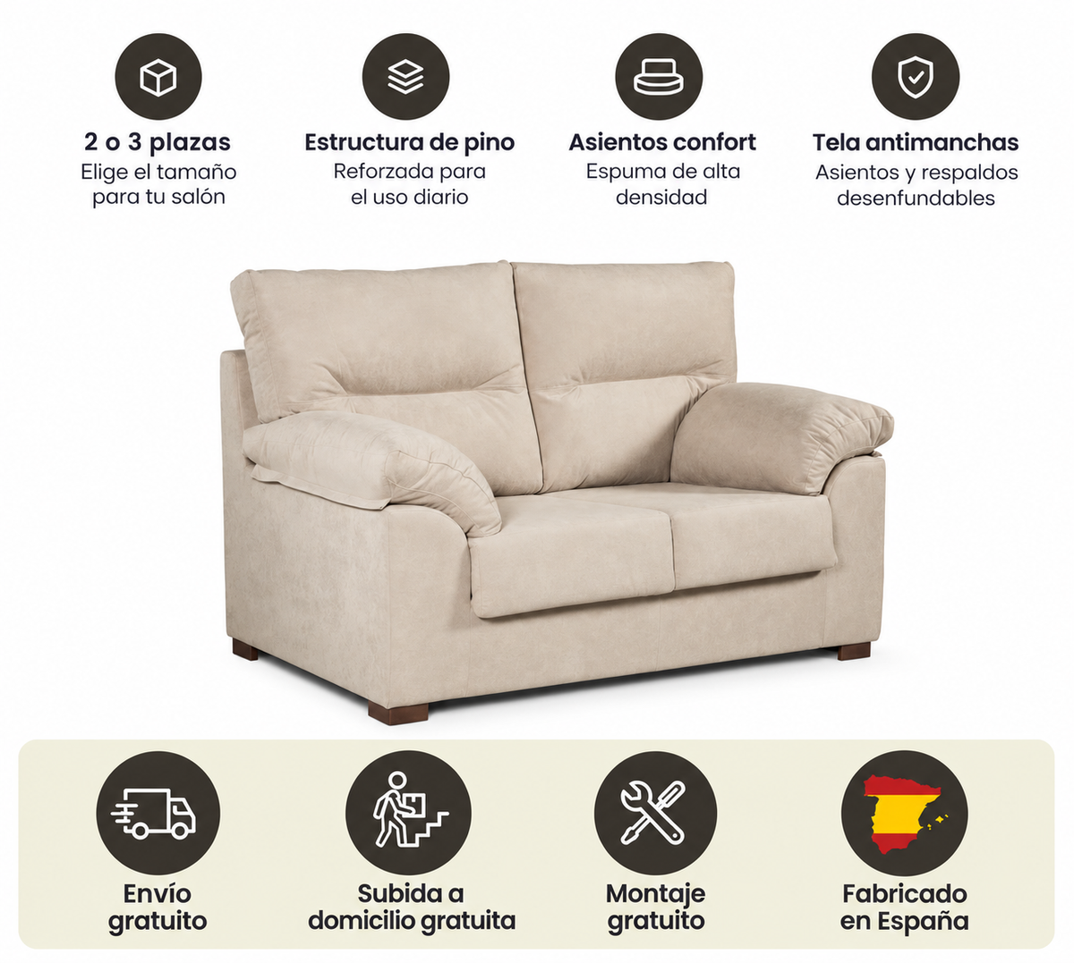 2- oder 3-Sitzer-Sofa Amber in fleckenabweisendem Stoff 155x90x105 cm