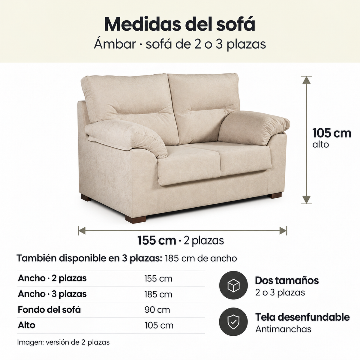 2- oder 3-Sitzer-Sofa Amber in fleckenabweisendem Stoff 155x90x105 cm