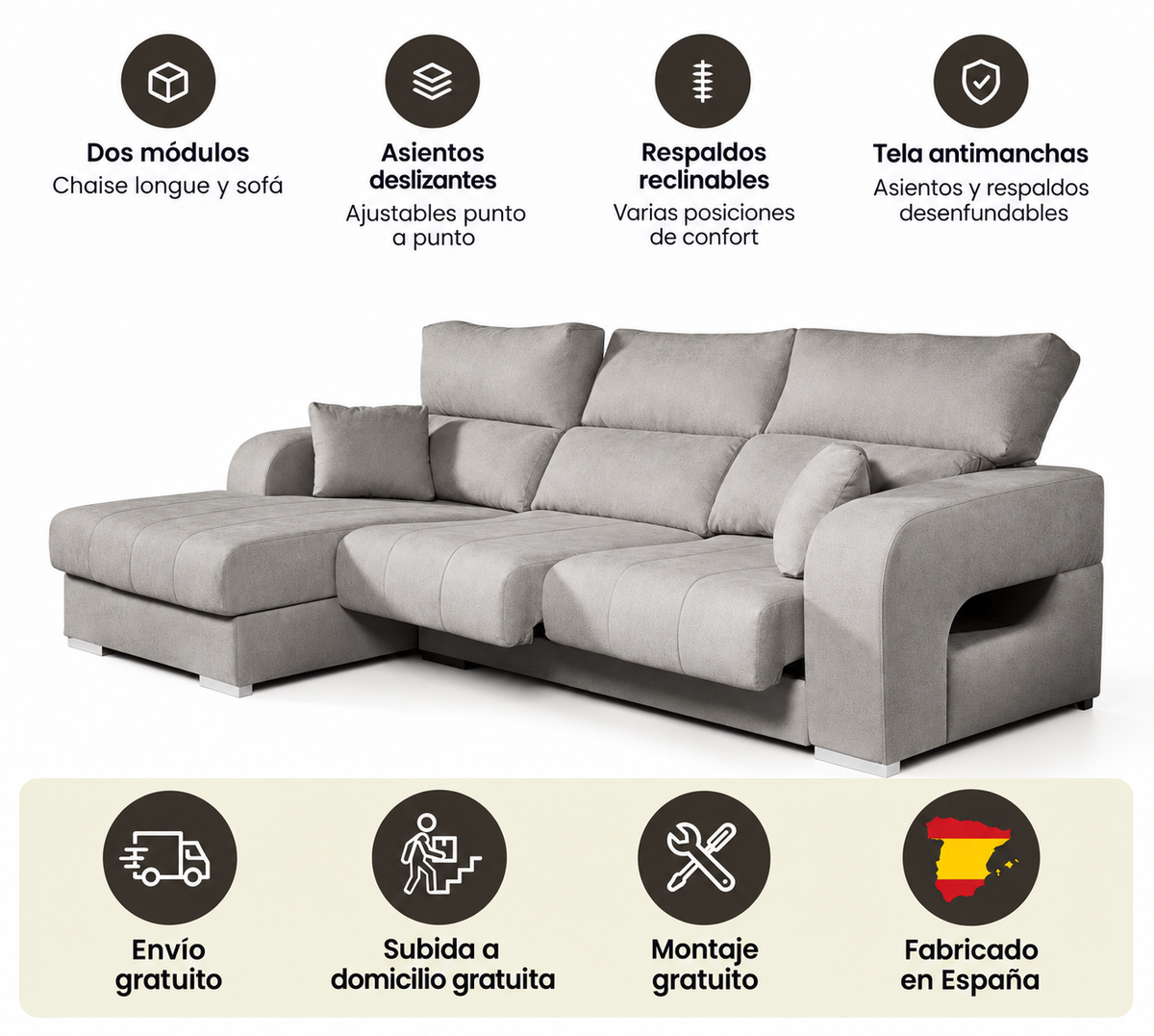 Sofá Chaiselongue Diamante de Tela Antimanchas 3 plazas 284x160x102cm