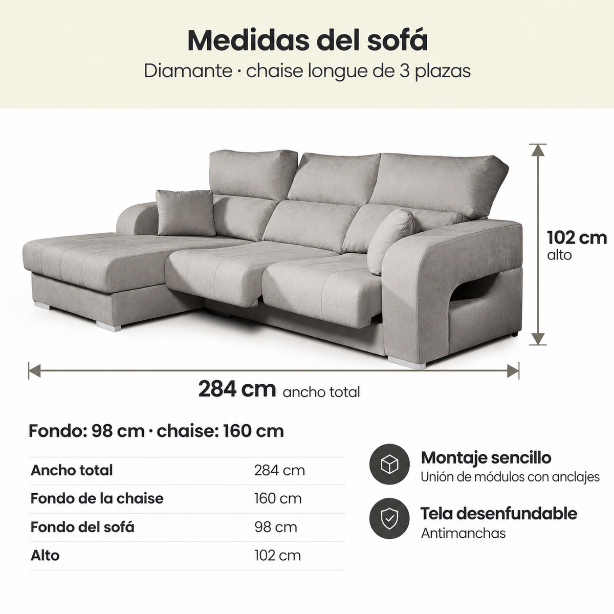 Sofá Chaiselongue Diamante de Tela Antimanchas 3 plazas 284x160x102cm