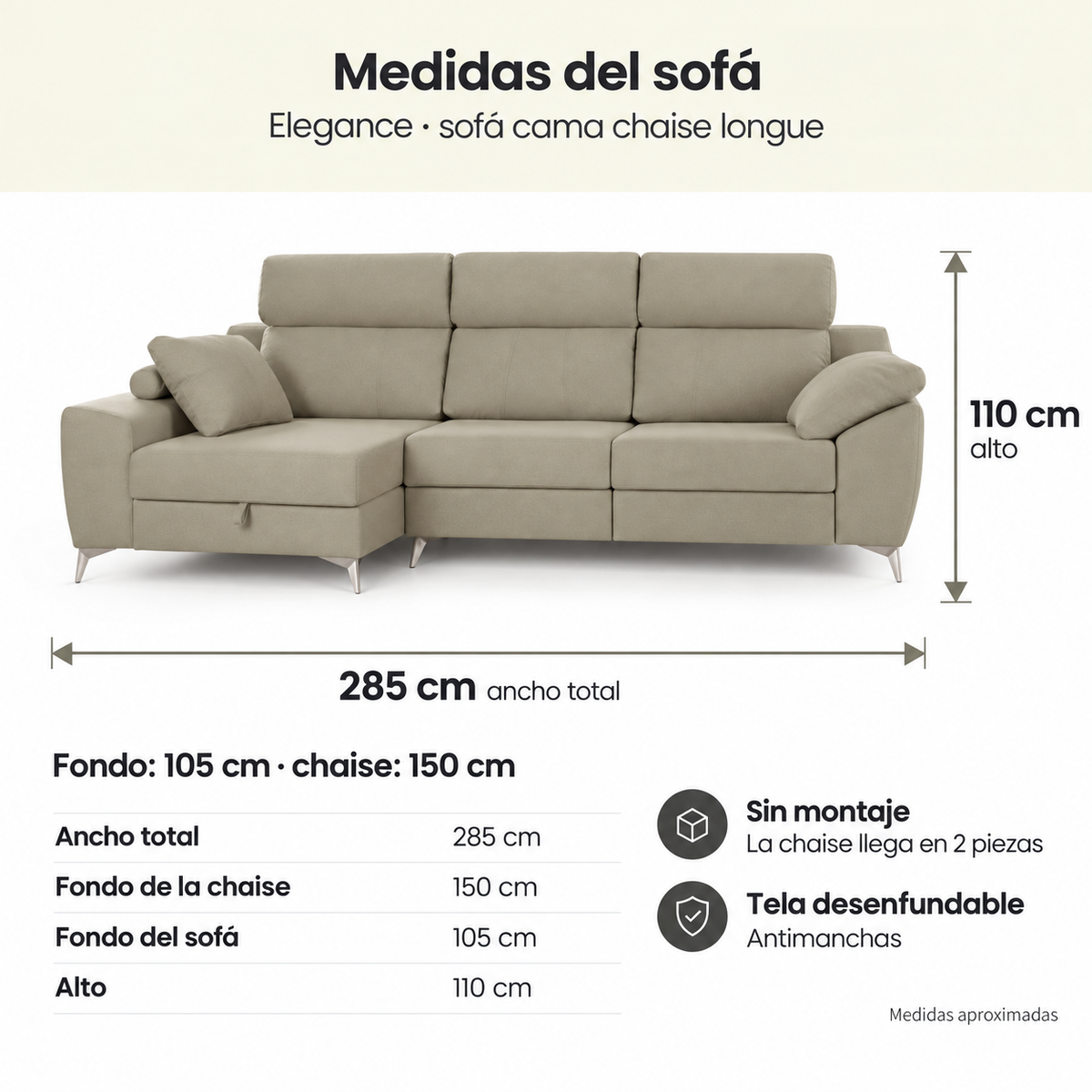 Slaapbank met chaise longue Elegance
