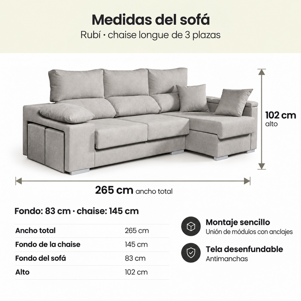 Ruby Stain-Resistant Fabric 3-Seater Chaise Longue Sofa 265x145x102 cm