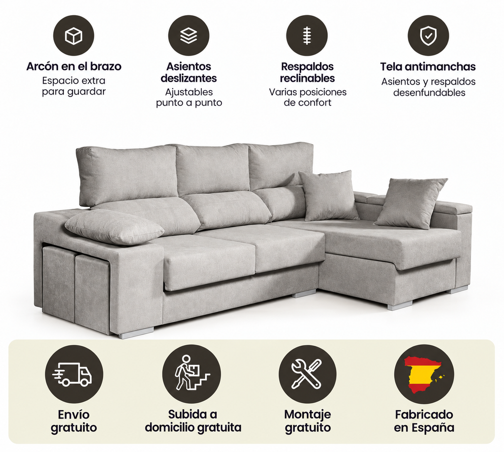 Ruby Stain-Resistant Fabric 3-Seater Chaise Longue Sofa 265x145x102 cm
