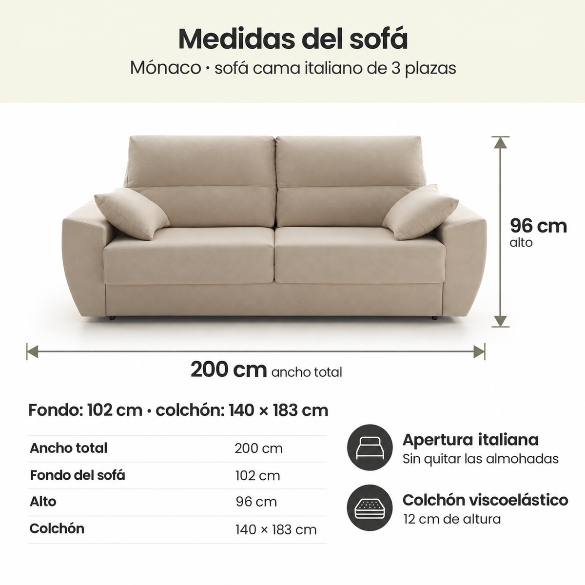 Canapé convertible italien Monaco 3 places 200 x 96 cm tissu antitache