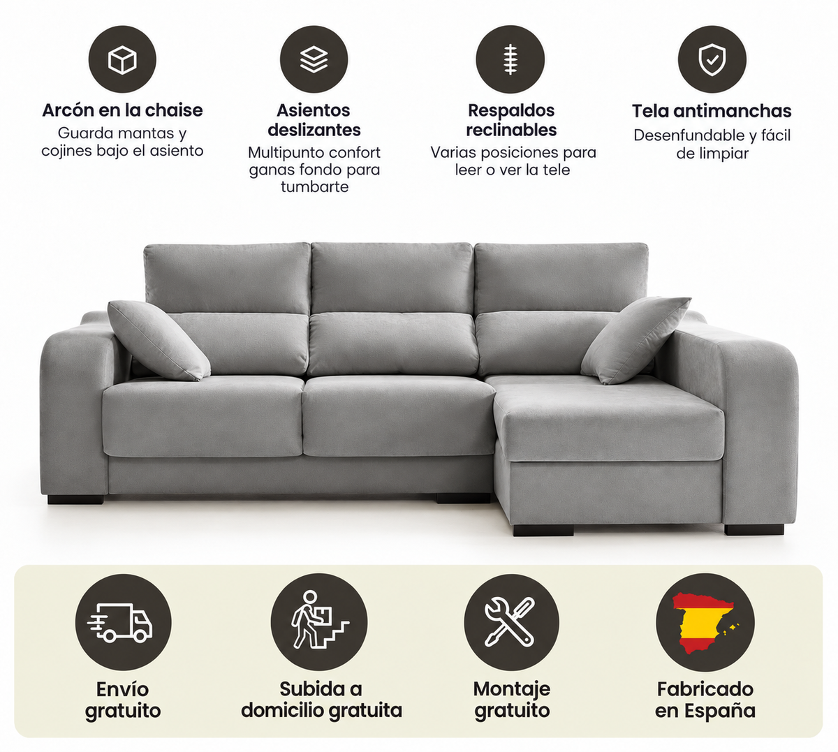 Sofá Chaiselongue Zafiro 3 Plazas Tela Antimanchas