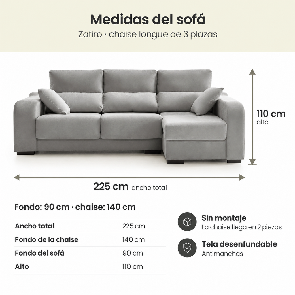 Divano chaise longue Zaffiro 3 posti in tessuto antimacchia