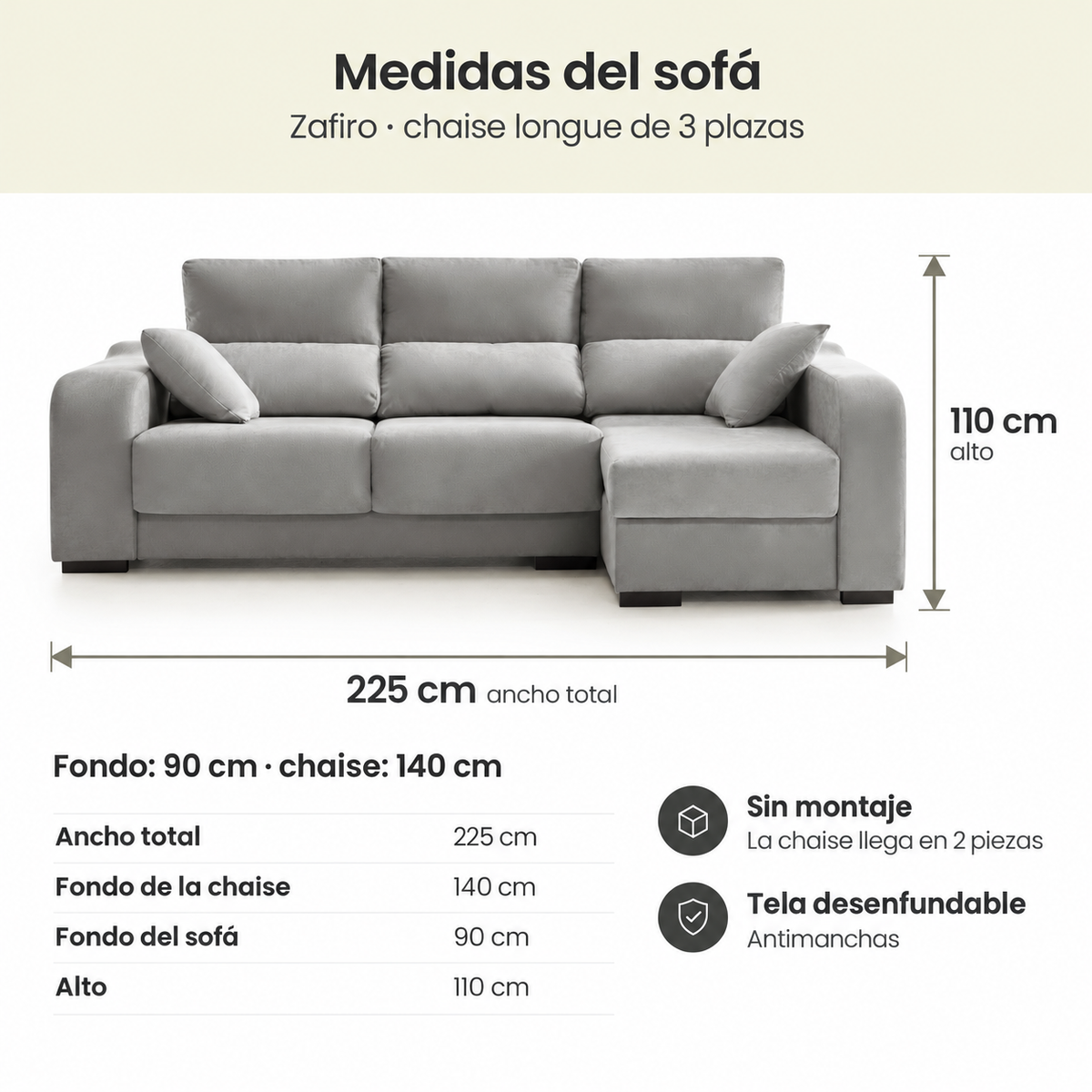 Sofá Chaiselongue Zafiro 3 Plazas Tela Antimanchas